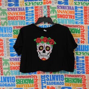 La Luna Rose Flower Skull T Shirt Size L Cropped Black Double Sided